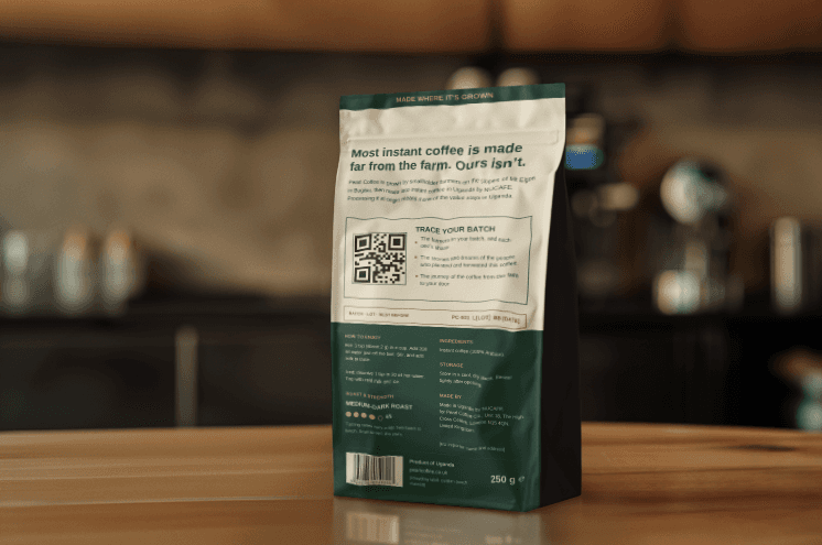 Back of a Pearl Coffee pack with the batch-trace QR code — most instant coffee is made far from the farm; ours isn’t